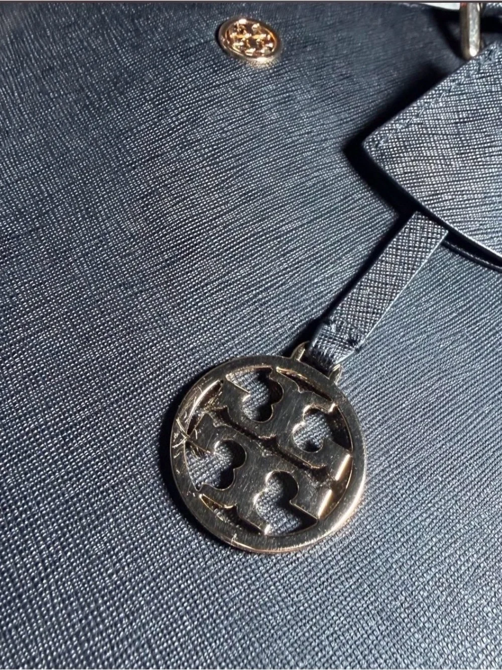 Tory Burch Black Leather Tote with Gold Logo Charm